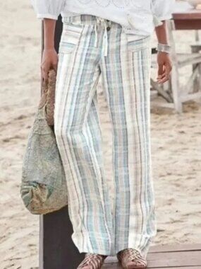 Sundance 100% Cotton Gigi Striped Textured Pants Women’s Small Blue White